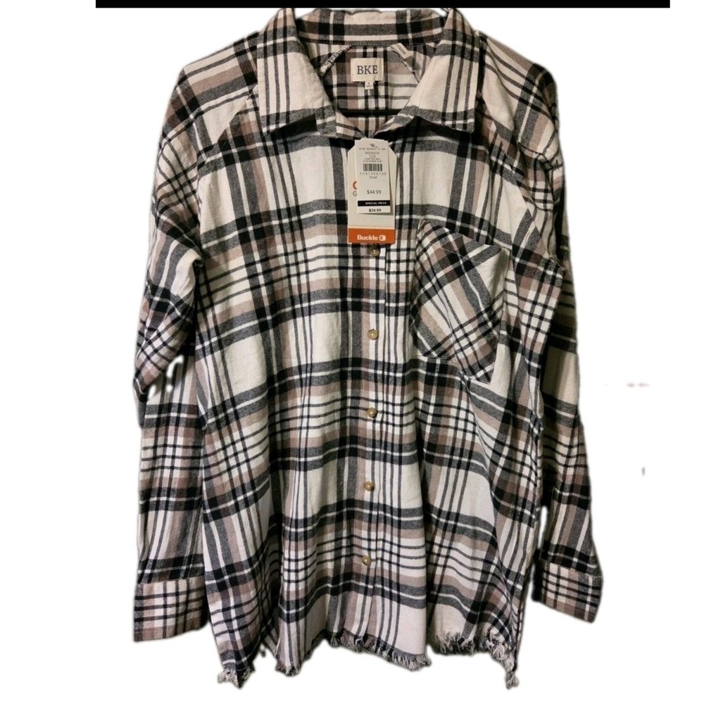 BKE Cream Choc Black Plaid Boyfriend Shirt Raw Hem Small NWT